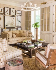 Neutral palettes and layers of patterns make gives the living room a casual elegance.              