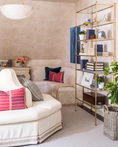 The playful upstairs pajama lounge features custom made seating designed by Amy Berry.          