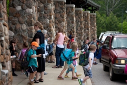 Children eagerly greet their parents outside Mt Laurel Elementary School.   