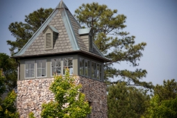 The Mt Laurel Fire Department tower features the town's signature stonework.   